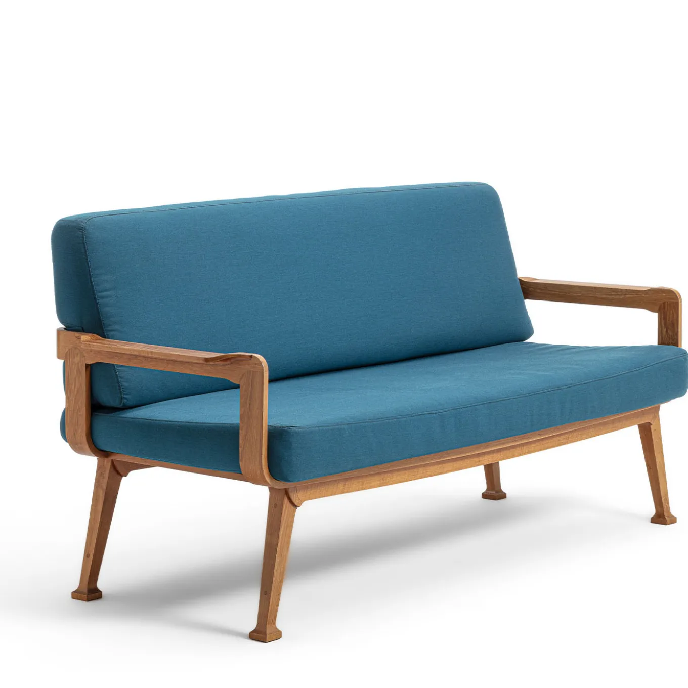 Curved Teak & Blue Textile Outdoor Sofa