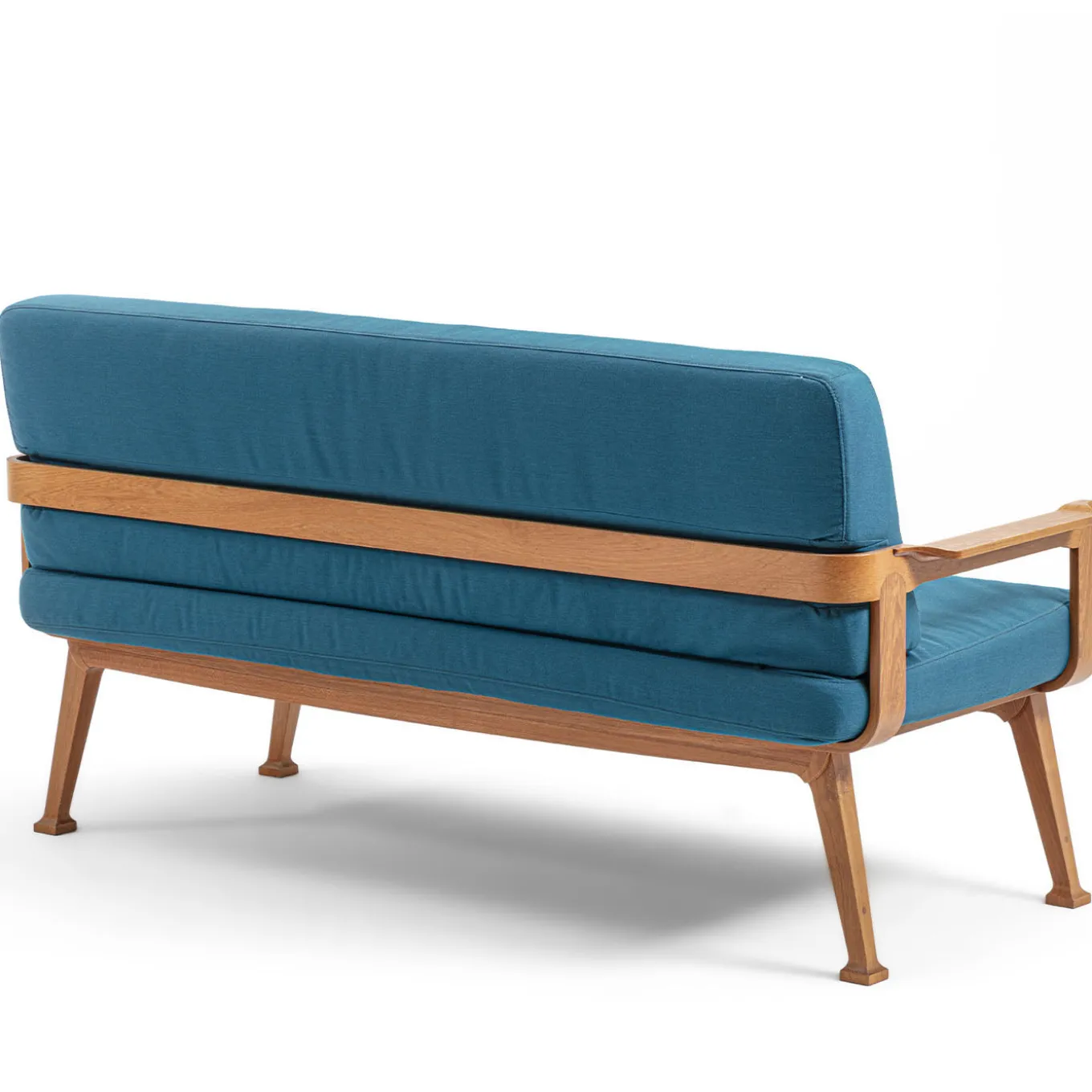 Curved Teak & Blue Textile Outdoor Sofa