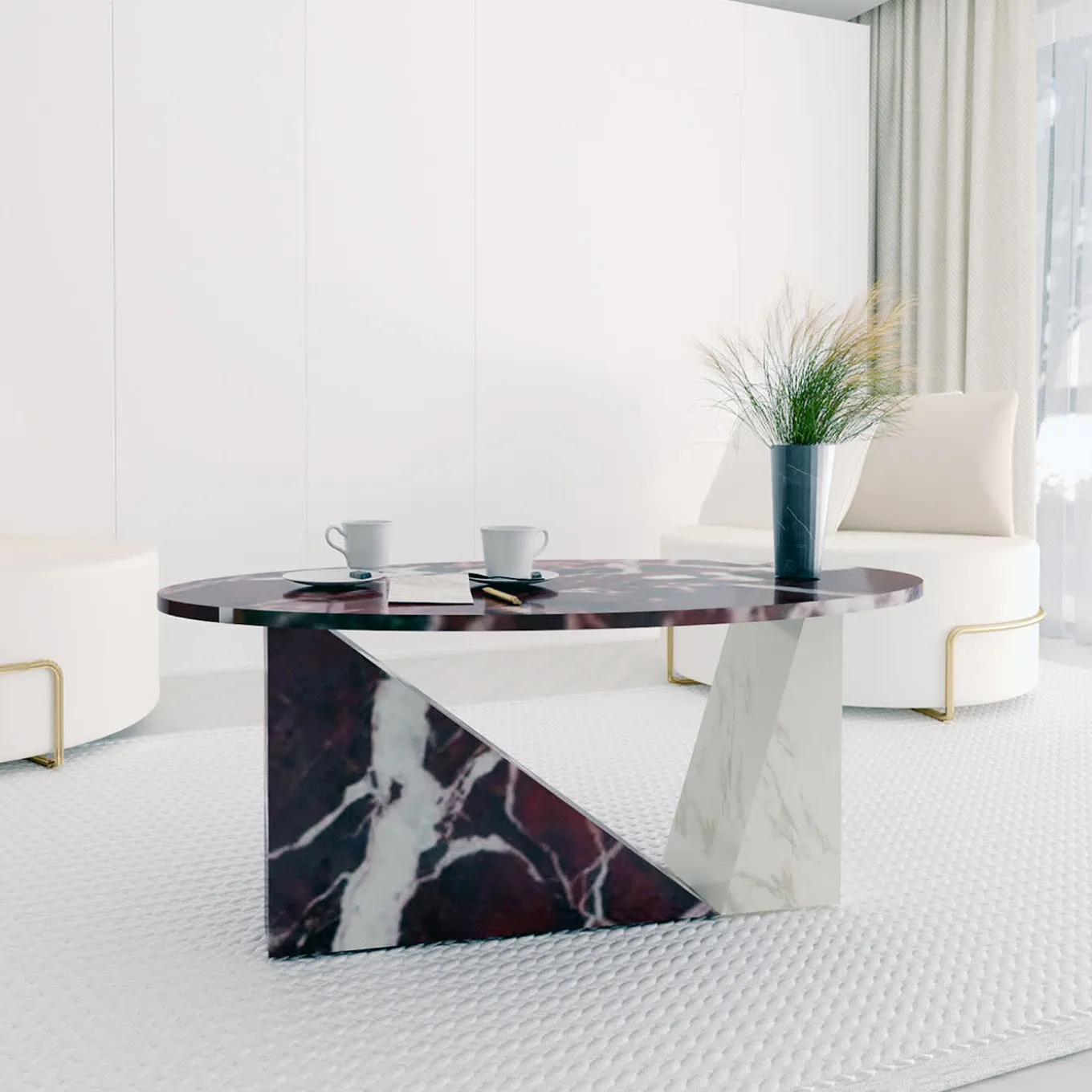 Dieus Coffee Table in Gold Calacatta and Red Levanto Marbles by Sissy Daniele