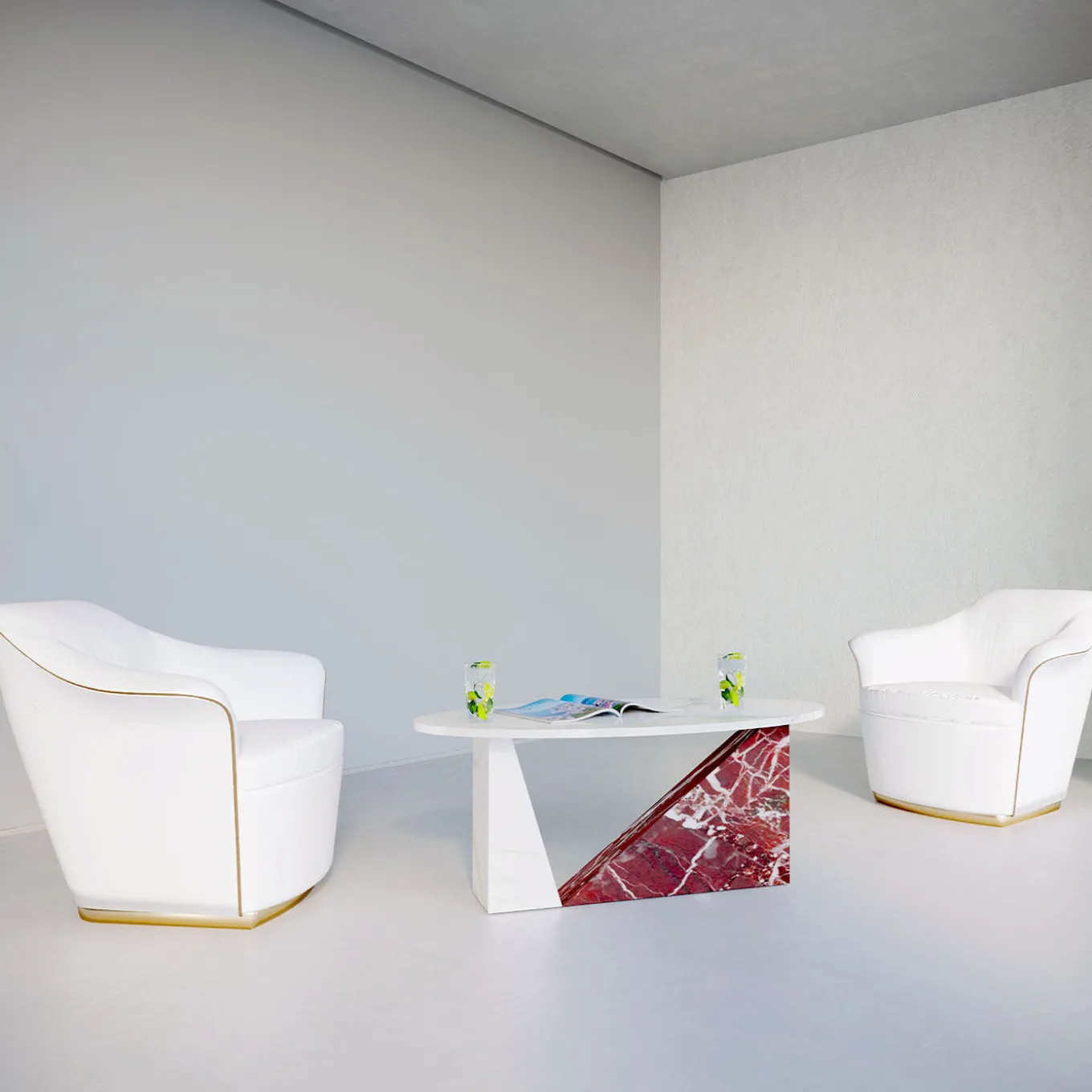 Dieus Coffee Table in Gold Calacatta and Red Levanto Marbles by Sissy Daniele