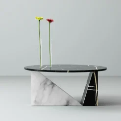 Dieus Table in White Carrara and Sahara Noir Marbles by Sissy Daniele