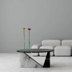 Dieus Table in White Carrara and Sahara Noir Marbles by Sissy Daniele
