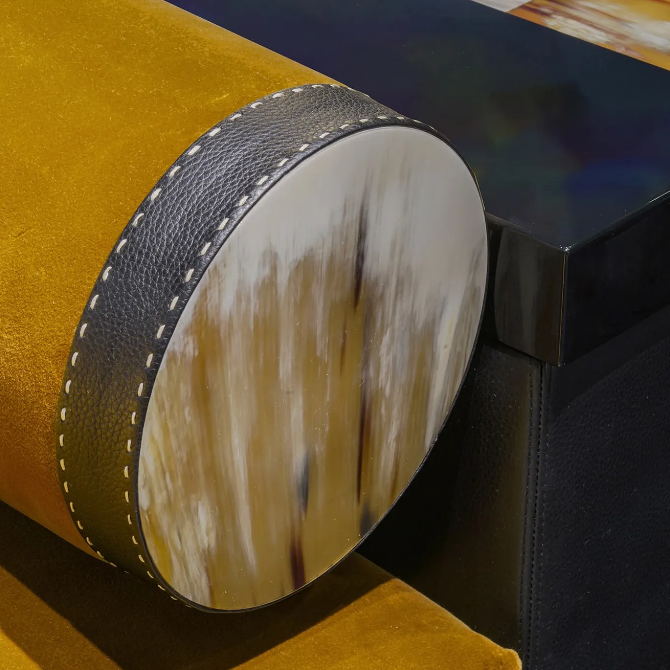 Egon Yellow Velvet With Leather And Horn Details Chaise Lounge