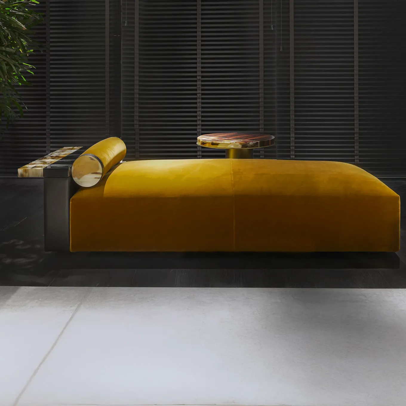 Egon Yellow Velvet With Leather And Horn Details Chaise Lounge