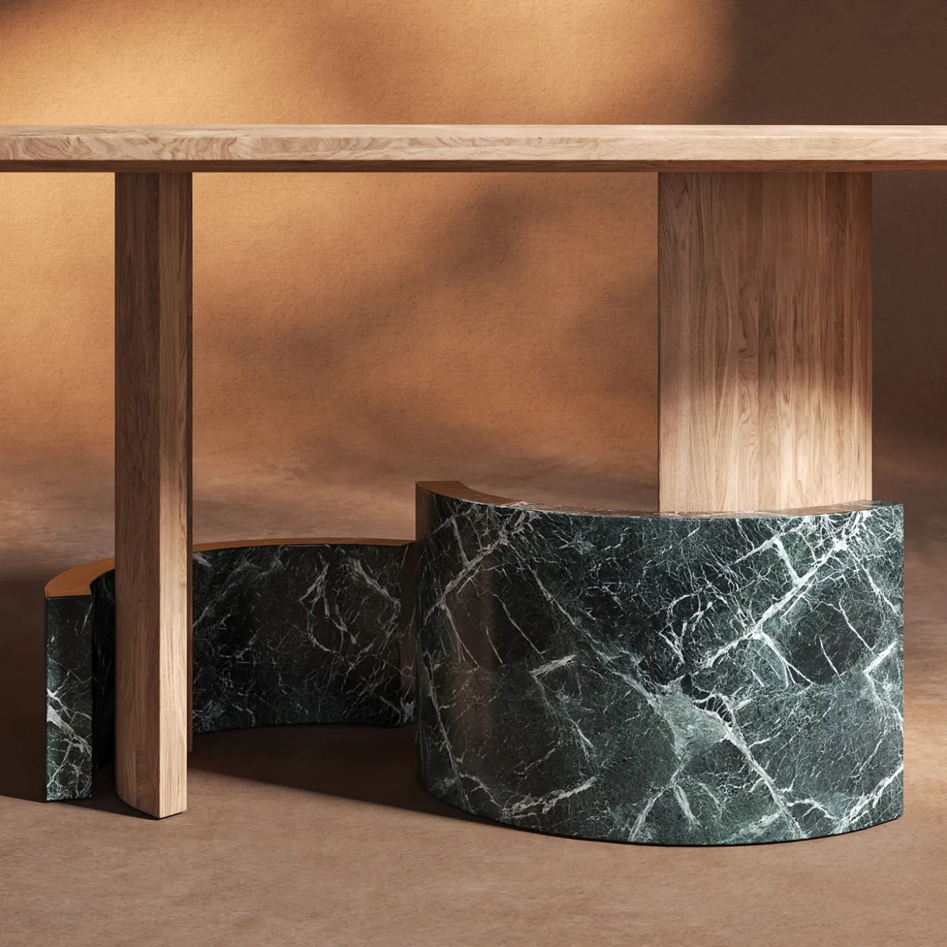 Ellipse Oval Wood and Green Marble Dining Table