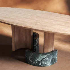 Ellipse Oval Wood and Green Marble Dining Table