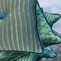 Emerald Carré Cushion in striped jacquard fabric and silk velvet