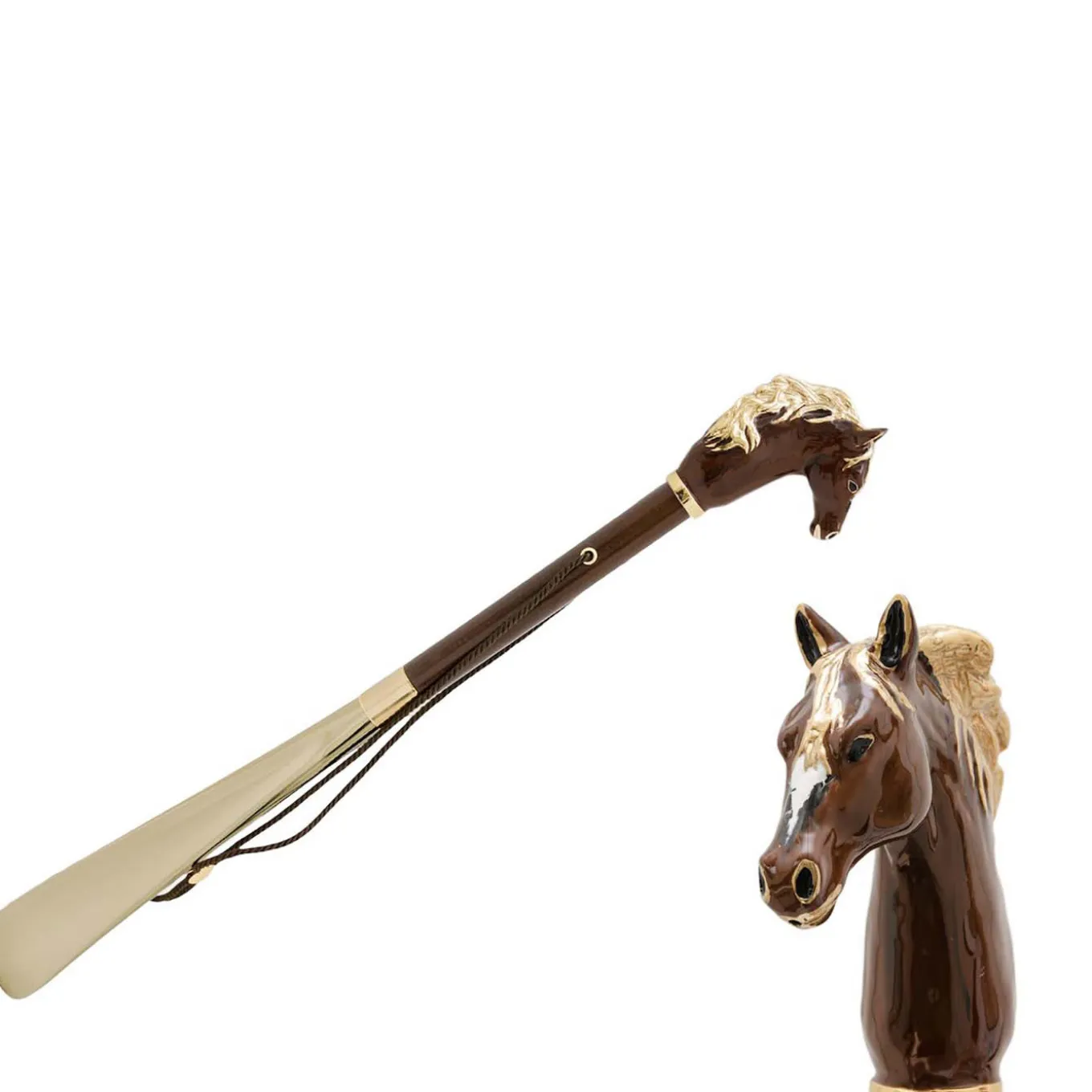 Enameled Brass Brown Wood Shoehorn