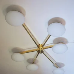 Flush-Mount Brass And Glass Ceiling Lamp With 6 Arms