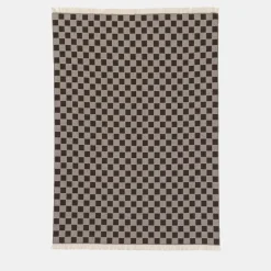 Fringed Brown Chessboard-Patterned Blanket