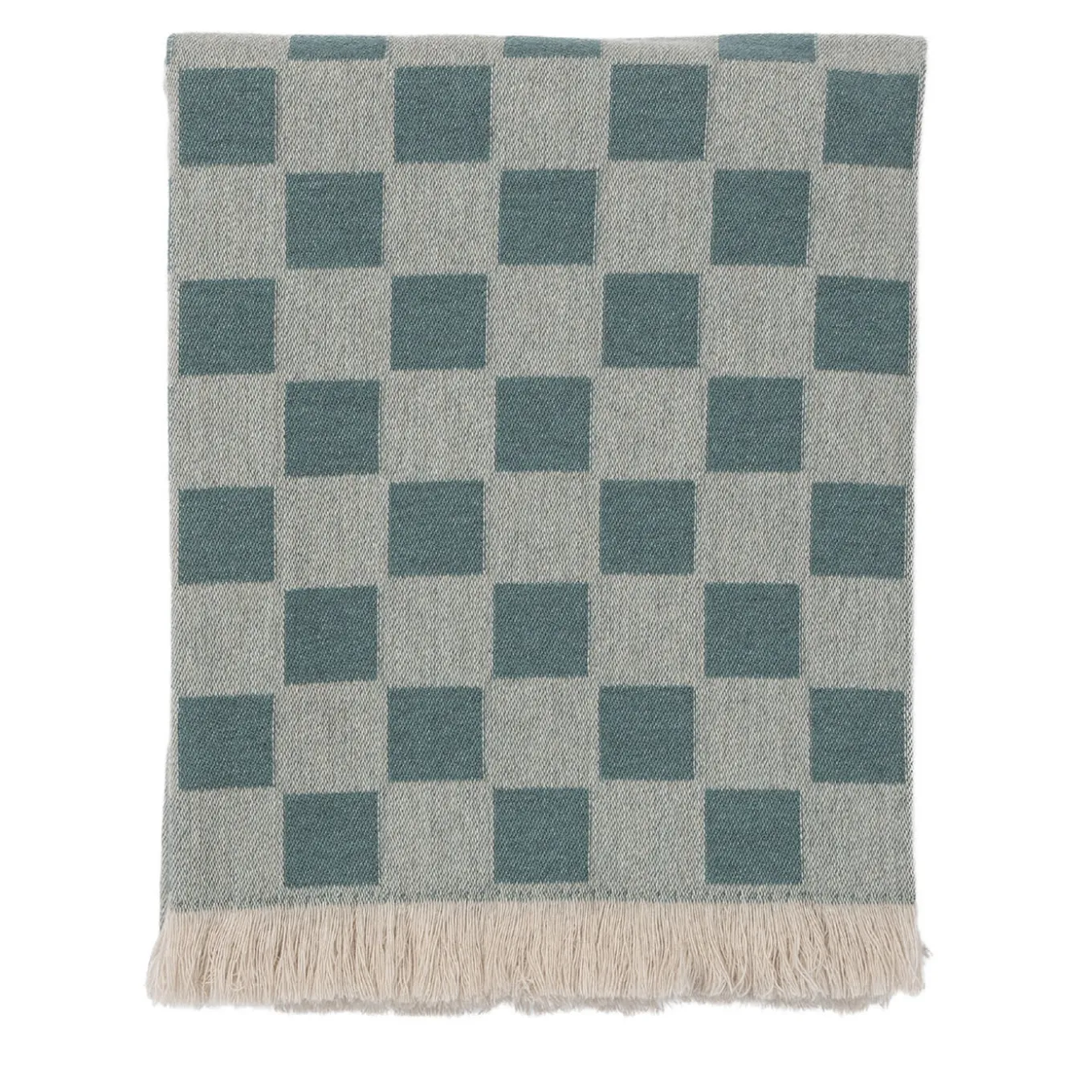 Fringed Chessboard-Patterned Green Blanket