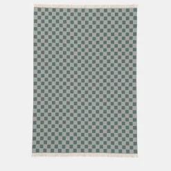 Fringed Chessboard-Patterned Green Blanket