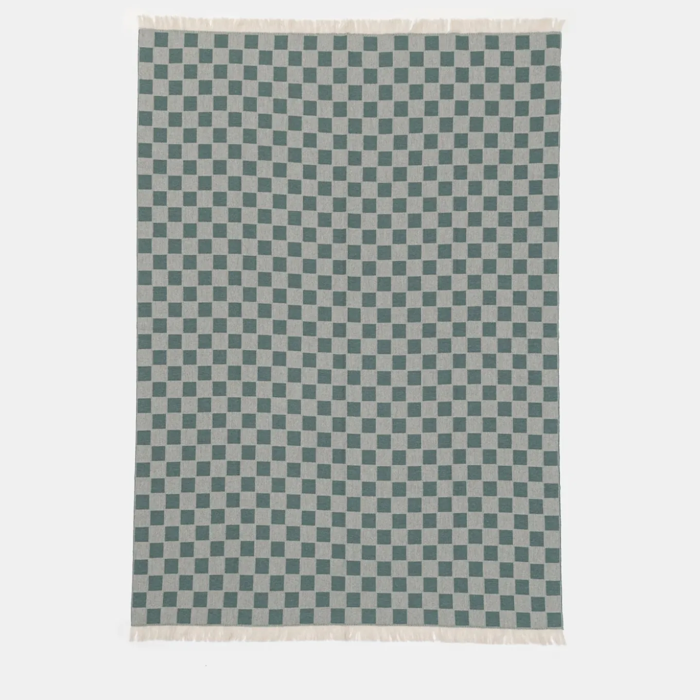 Fringed Chessboard-Patterned Green Blanket