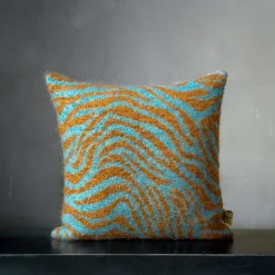 Gazon Zebra-Striped Turquoise & Mustard Mohair Cushion
