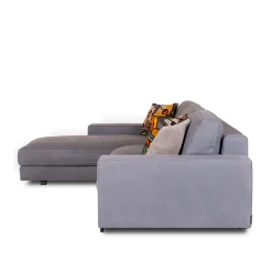 Glam light blue leather sofa with chaise longue