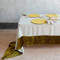 Gold Natural Linen With Velvet Border Tablecloth