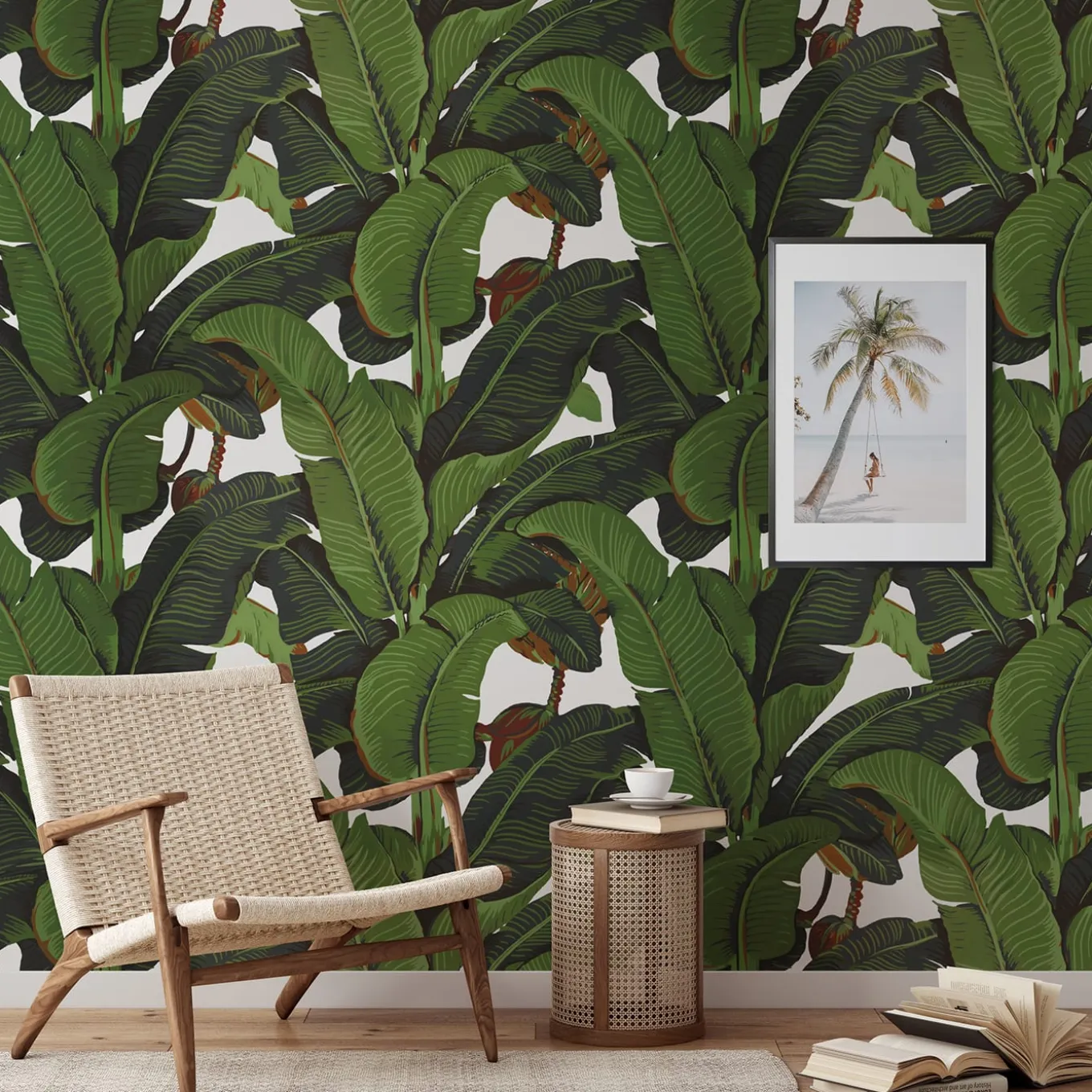 Green and White Banana Leaf Tropical Rainforest Wallpaper