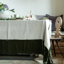 Green Natural Linen With Velvet Border Tablecloth