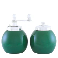 Green Wood and Silver-Plated Brass Salt Shaker and Pepper Mill