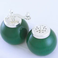 Green Wood and Silver-Plated Brass Salt Shaker and Pepper Mill