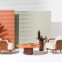 Grissini Round Wood Outdoor Coffee Table with orange top