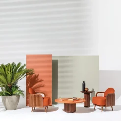 Grissini Round Wood Outdoor Coffee Table with orange top