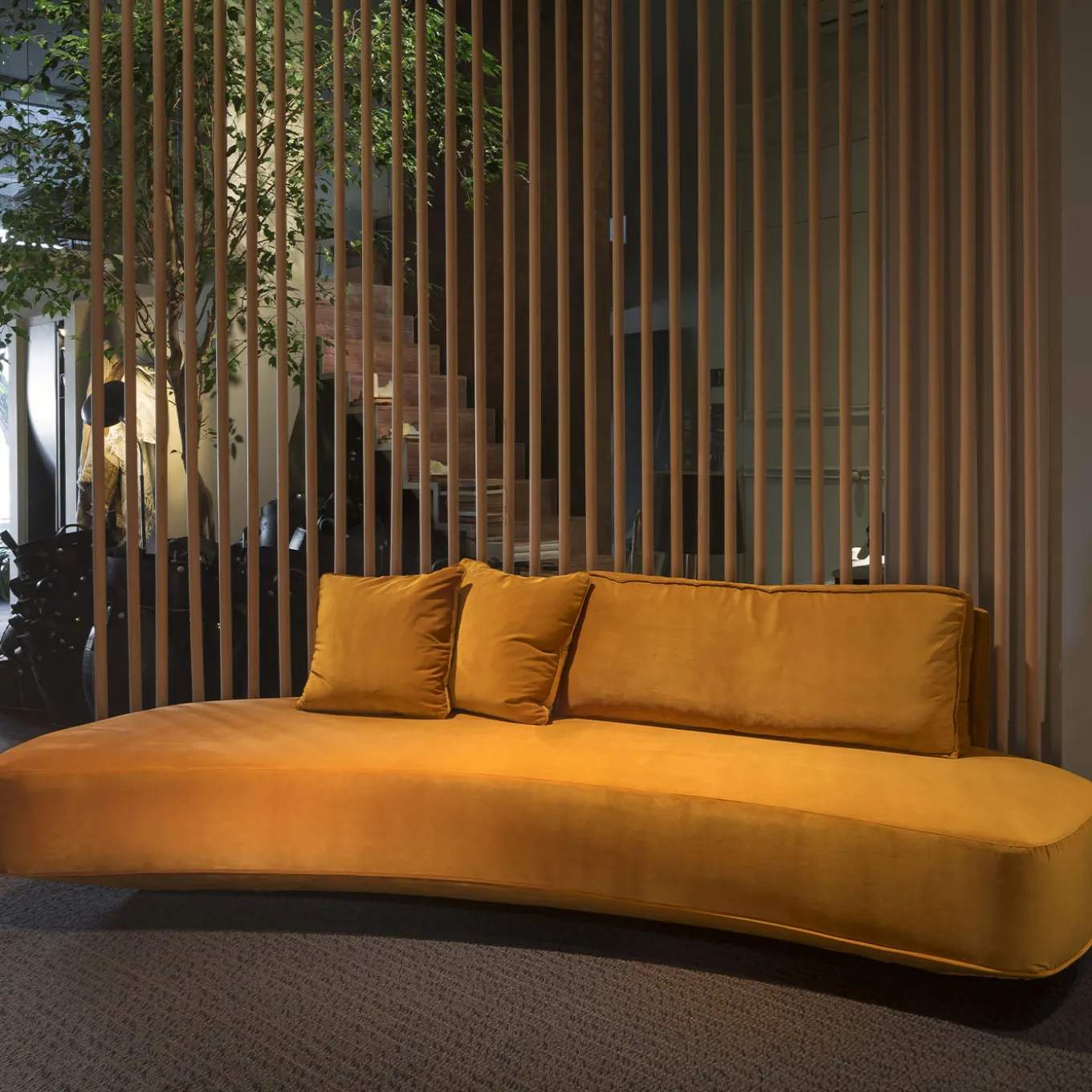 Harlem Curved Orange fabric with Cushions Sofa