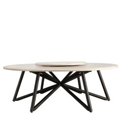 Hermu 230 round beige travertine stone and brown steel outdoor dining table