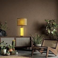 Hortensia Natural Straw Marble Cylinder Table Lamp