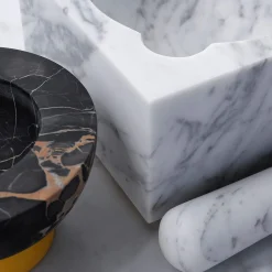 J&J White Carrara and Portoro Vena Gold Marble Mortar & Pestle