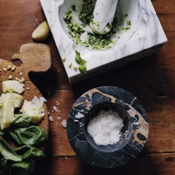 J&J White Carrara and Portoro Vena Gold Marble Mortar & Pestle