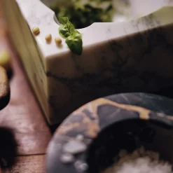 J&J White Carrara and Portoro Vena Gold Marble Mortar & Pestle