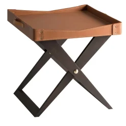 Kaki wood and leather side table