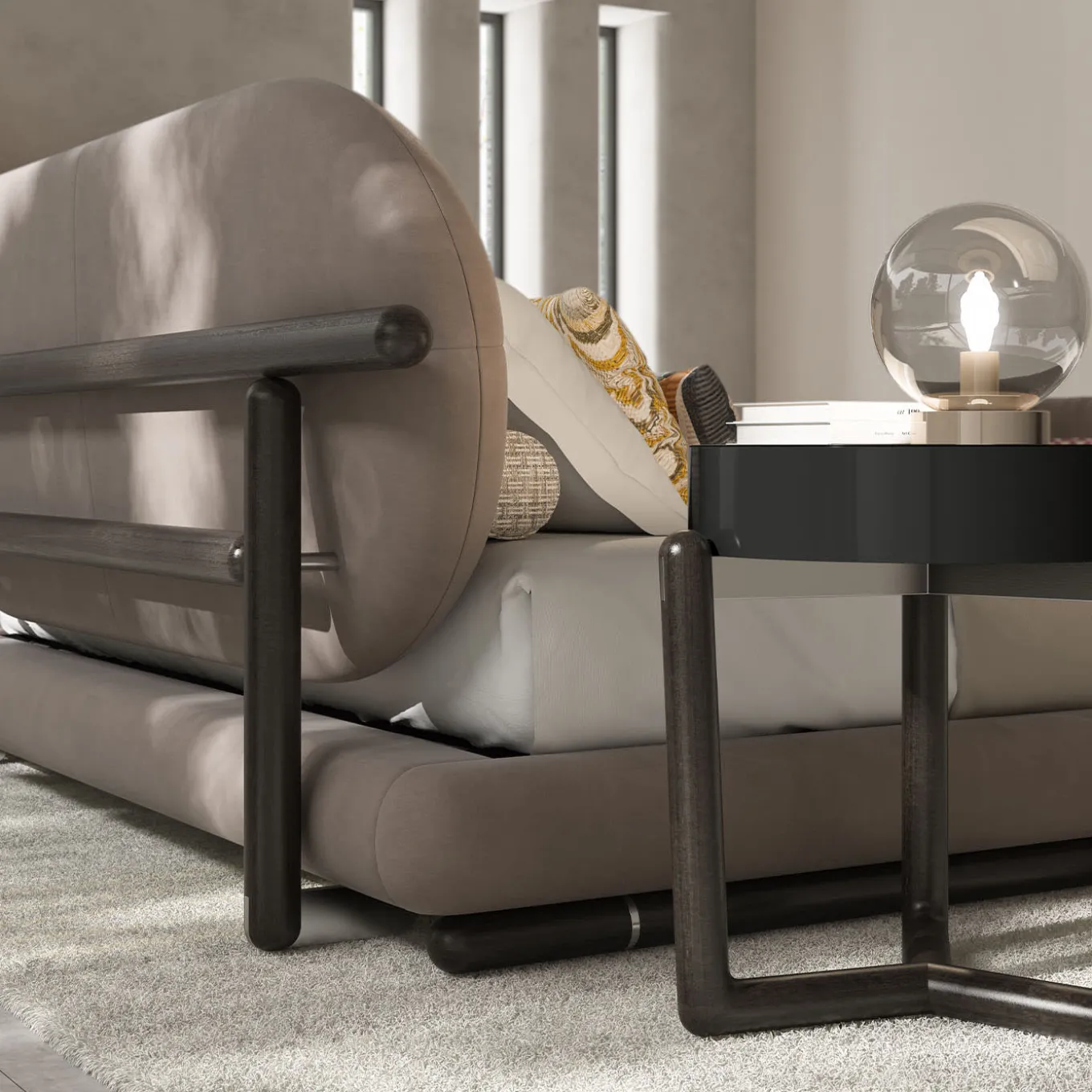 Kokò beige leather and wood bed