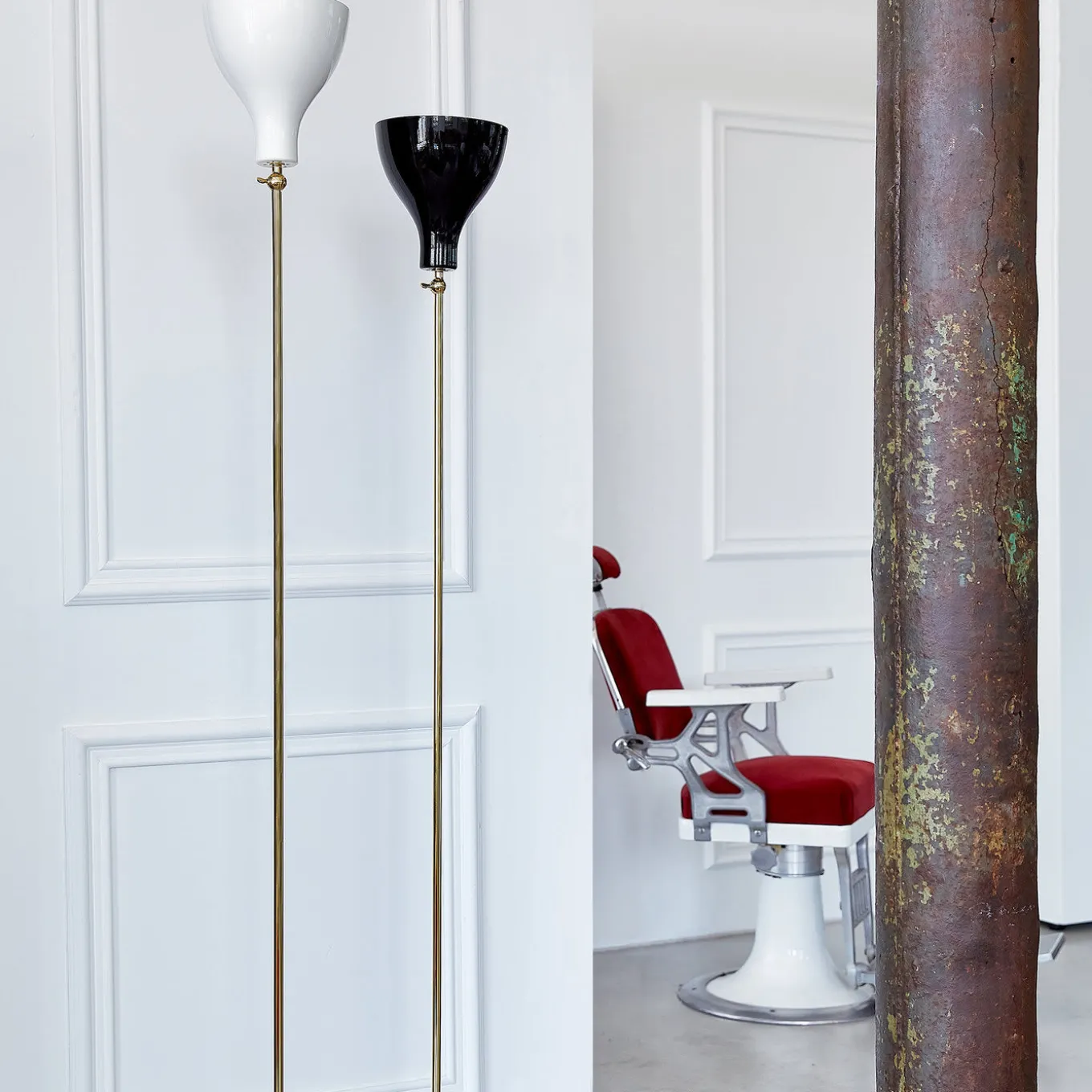 Lady V Black and White Tall Floor Lamp in Brass