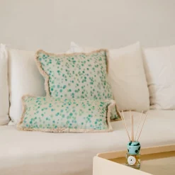 Large Aqua and Green Fringed Cushion