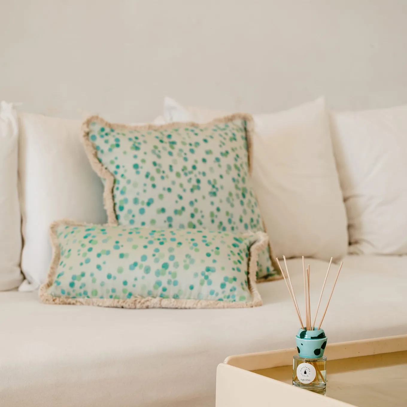 Large Aqua and Green Fringed Cushion