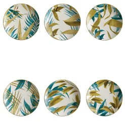 Las Palmas Set Of 6 Porcelain Soup Plates With Blue/Yellow Palm Leaves