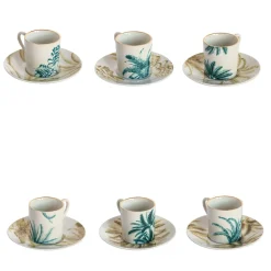 Las Palmas Set Of 6 Porcelain Espresso Cups With Blue And Yellow Palms