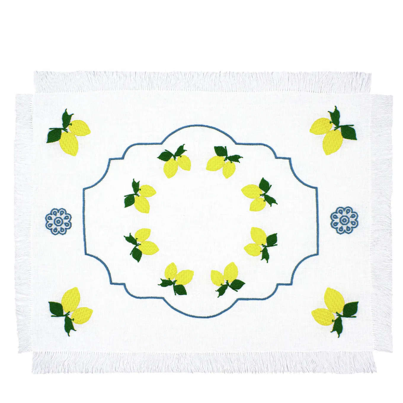 Limoni Set of 2 Embroidered Fringed White Table Mats