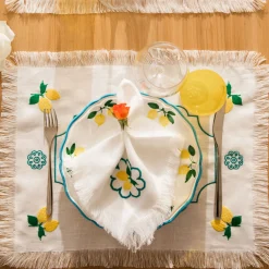 Limoni Set of 2 Embroidered Fringed White Table Mats