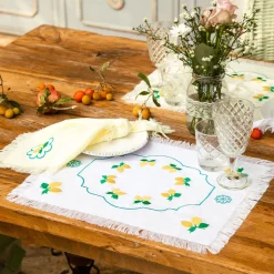 Limoni Set of 2 Embroidered Fringed White Table Mats