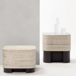 Lloyd Travertine Marble Round Walnut Modern Side Table