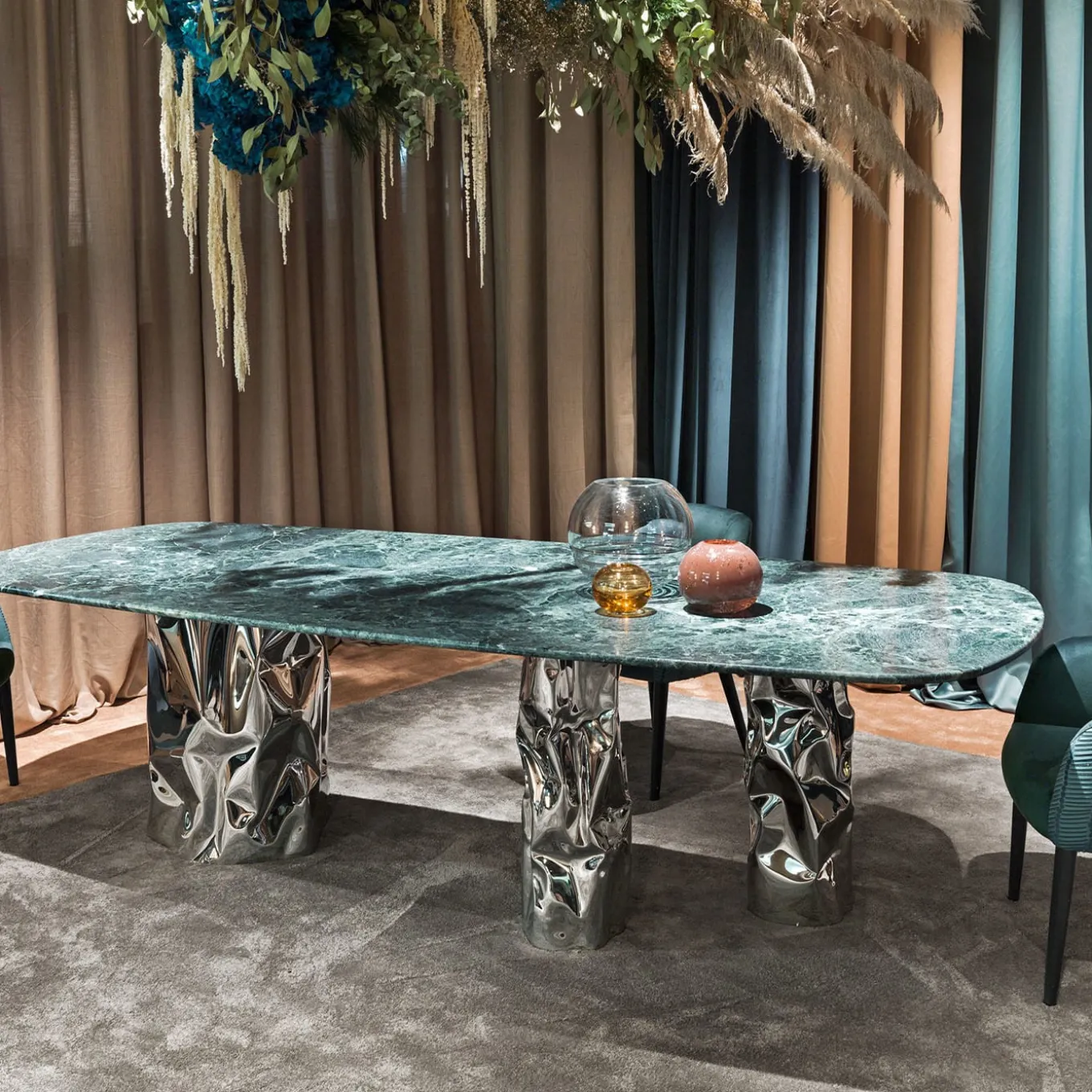Lotus Verde Alpi Marble & Steel Dining Table