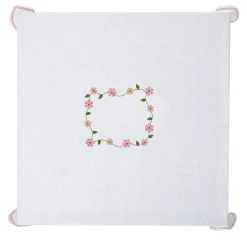 Margherita Pink Embroidered White Linen Tablecloth