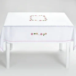 Margherita Pink Embroidered White Linen Tablecloth