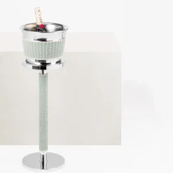 Menton Green Leather & Rattan Champagne Bucket with Stand