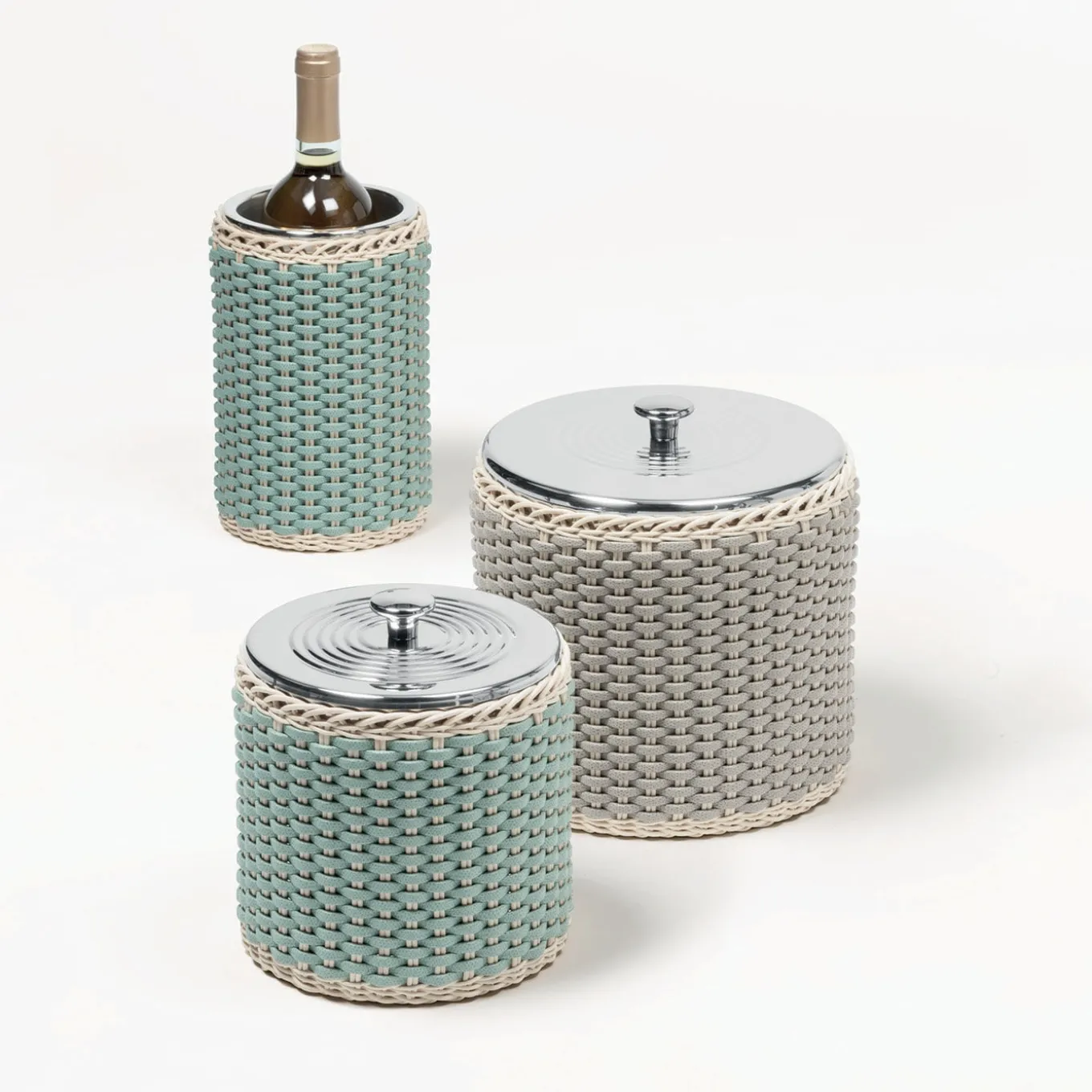 Menton Large Gray Leather & Rattan Ice Bucket