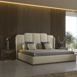 Milano Bed in Cappuccino Eco-Leather with Walnut Canaletto Panels