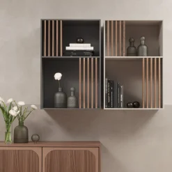 Mondrian Pechino Beige Bookcase with Solid Wood Walnut-Stained Accents